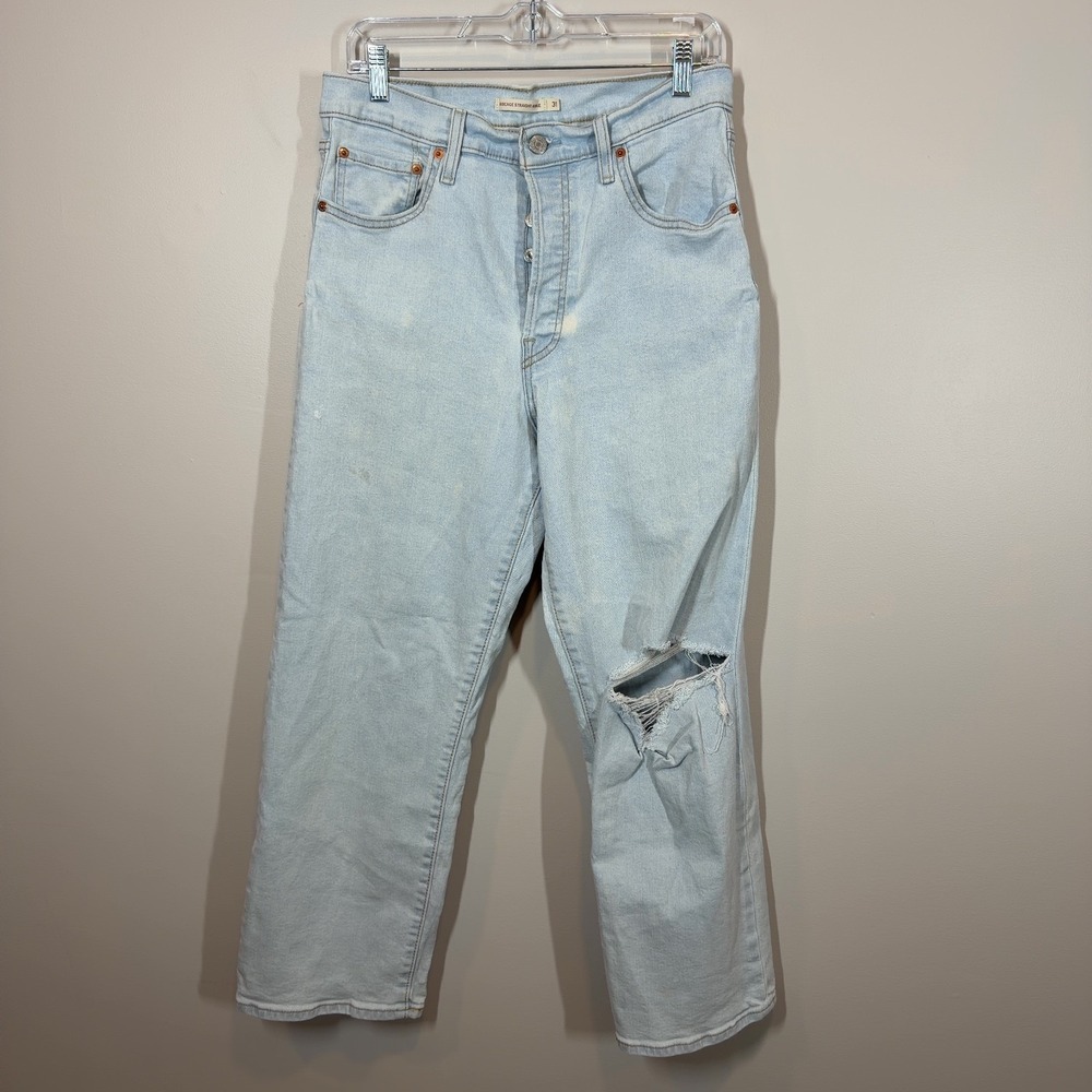Levi's Ribcage Straight Ankle Jeans W31 L27 Light Wash Distressed Blue